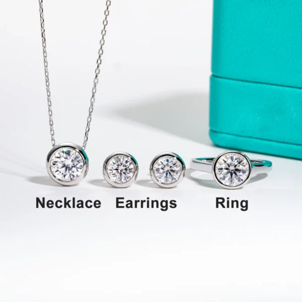 Charming Round-Cut Moissanite-Diamond Bezel Stud Earrings and Pendant Necklace Set in 18K Gold Plated 925 Sterling Silver - Image 2